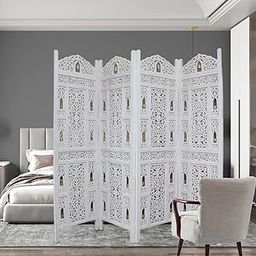 Wooden Room Partition Living Room Partition for Home Office and Restaurant Decorations 4-Panel Partition with 36 Brass Bells White Color-image-30