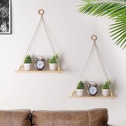VS Store ® Macrame Wall Hanging Shelf Wood Floating Shelves with Wooden Beads & Ring Modern Chic Decor for Dorm Living Room Nursery Gift Item 55 x 30 cm Beige (Set of 2)-image-16
