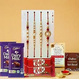 eCraftIndia Set of 4 Red, Golden White Pearls Rakhis for Brothers with Chocolate, 2 Cadbury Dairy Milk, 2 Kitkat, Rakhi with Chocolate Gift - Roli Chawal Pack, Raksha Bandhan Greeting Card-image-97