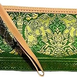 Traditional Brocade Clutch Wallet for Women, Green and Gold, 18 x 9.5 cm-image-96