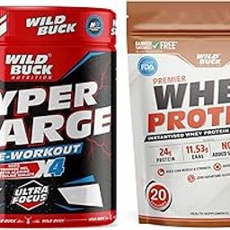 WILD BUCK Hyper Charge Pre-X4 Hardcore Pre-Workout Supplement Powder with Creatine Monohydrate, Arginine AAKG, Beta-Alanine, Caffeinated Punch -For Men & Women [40 Serv, Cranberry Blast] + Wild Buck Whey 100% Whey Protein - 24g Protein Isolate & Concentrate Blend & 5.43g BCAA [Rabdi Kulfi, 1 kg]-27
