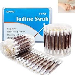 PAXCOO 50pcs Portable Iodine Swabs Individually Wrapped Medical Iodine Cotton Stick Clean Wounds Care Sterilization For Adult, Kids,Outdoor, Portable Medical Cotton Swabs Nose and Ear Care-image-52