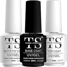 THR3E STROKES Gel Nail Polish Coats, 3 Pcs 15 ml No Wipe Matte & Shiny Top Coat, Long Lasting High Gloss and Matte Effects DIY at Home (UV LIGHT REQUIRED), Glossy Finish-16