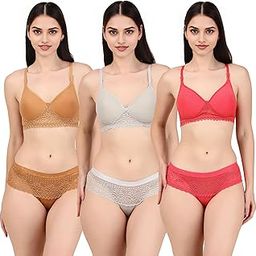 Lingerie Set Full Coverage Lightly Padded Bra and Hipster Panty (Pack of 3, Multicolor)-picture-2
