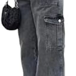 High Waist Wide Leg Cargo Jeans, Grey Washed Denim, Baggy Style-image-35