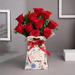 FlowerAura Fresh Live Flower Bouquet of 10 Red Rose Flower In Happy Anniversary Box Special Anniversary Gift For Girlfriend, Boyfriend, Wife, Husband, Parents, Friends & Relatives (Same Day Delivery)-image-24