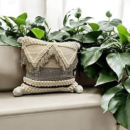 LUSHLYF Boho Chic Tufted Cushion Cover, 18x18 Inches - Neutral Tones Cotton Slub with Tassels & Stripes, Decorative Throw Pillow Case for Living Room, Bedroom, Sofa, Couch, (Set of 1)-image-1