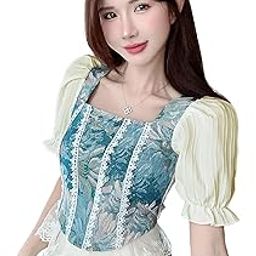 Women French Retro Style Floral Jacquard Square Neck Smock Half Puff Sleeve Ruffled Crop Blouse Corset Top Dn96-image-99