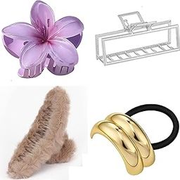 CHOTALIYA 4pcs Combo set 1 big metal tie 1 Flower Hair Claw 1 big furr clip 1 Big metal clip Hair Accessories 4 pattern claw For Women Fashion Acrylic Matte Finish Stylish Claw Clips-image-20