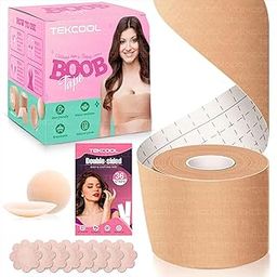 TEKCOOL Adhesive Bra Push Up Boob Tape for Large Breasts - with 1 Pair Reusable Invisible Silicone Nipple Covers, 36 Strips Fabric Tape for Women Clothing and Body, Suitable for Breasts A-G Cup Beige-image-107