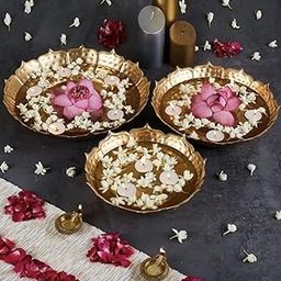 Loopysky Handcrafted Golden Taj Urli Bowl Set of 3 for Floating Flowers & Tealights | Festive Home Decor, Diwali Pooja Decoration | Iron Decorative Bowls – 14", 11", 9" Inches-image-7