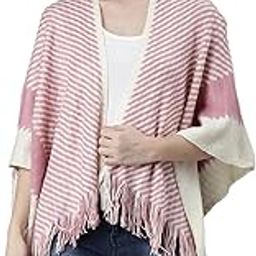 Women's Pink Striped Three-Quarter Sleeves Shawl Collar Poncho-CHN-9902_Pink-picture-45