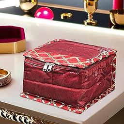 Kuber Industries PVC Small Jewellery Organisers Pouch for Women with 10 Compartments | Lightweight Jewellery Kit for Necklace & Rings | Check Gota Print - Maroon-image-92