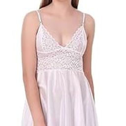 Satin Babydoll Nightwear with Lace Trim, White, Adjustable Straps-image-11