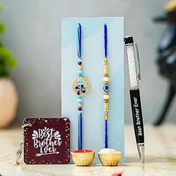 Rakhi for Brother With 2 Designer rakhi, 1 Best Bro ever Pen, 1 Keychain, Greeting Card and Roli Chawal Pack | Rakhi Gift for Brother (TW-PK-4)-image-4