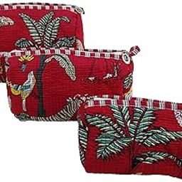 Hand Block Printed Cotton Quilted Floral Toiletry Bag 3 Piece Combo Set Waterproof Traveller Cosmetic Bags (RED 1)-picture-24