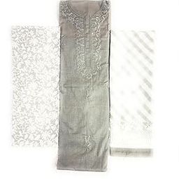 Grey Cotton Salwar Suit with Embroidered Neckline, Floral Print Dupatta, 3-Piece Set-image-23