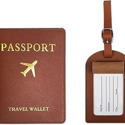 Passport Cover + 1 Suitcase Tag Set, PU Leather Passport Holder | Luggage Tag with Address Label | Passport Cover for Credit Cards, ID and Travel Documents (Brown)-picture-55