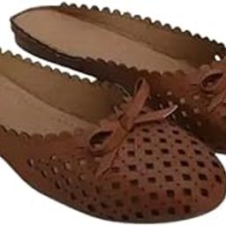 Women's Perforated Slip-On Mules, Leather, Bow Detail, Scalloped Edge-image-63