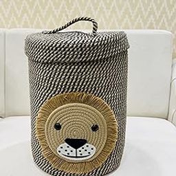Furnistitchs Medium Storage Basket with Lid, Kids Children Toy Cute Cartoon Cotton Rope Baskets, Laundry Hamper, Cloth Bin, for Clothes Towels (Brown Lion, 10x14 inches)-image-13