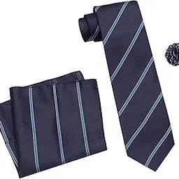 axlon Men's Micro Polyester Striped Necktie Set with Pocket Square and Brooch Pin (Blue, Free Size)-picture-20