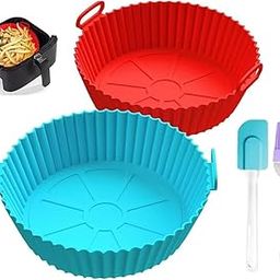 Air Fryer Silicone Liners, Round Basket Baking Tray with Handles, 2-Pack Blue and Red, with Oil Brush and Spatula-image-67