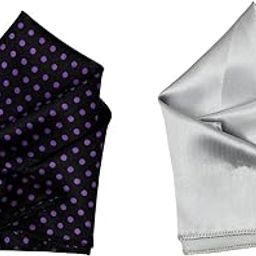 Set of 2 Pocket Squares for Men – Black with Purple Polka Dots & Silver Satin – Elegant Handkerchief Combo for Formal, Party-16