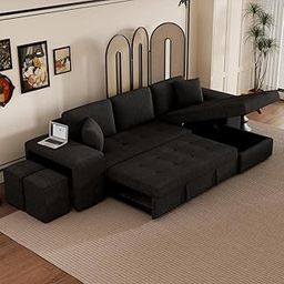 Torque Juana 6 Seater L Shape Sofa Cum Bed with Storage 2 Puffy Dark Grey | Comfortable 6 Seater Sofa with Chaise Storage| Fabric Sofa Set for Living Room Furniture-image-32