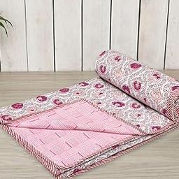 Tzafrir Dohar Double Bed Cotton King Size | Summer AC Blanket | Soft Light Weight, Quilt, Duvet, Comforter Double Bed Cotton, 84x96 inch Pink Purple Flower-1