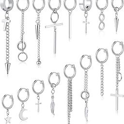 16 Pieces Stainless Steel Hoop Dangle Earrings for Men Women Non-piercing Earrings Hinged Huggie Earrings Set-image-2