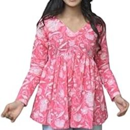 Women's Floral Print Empire Waist Top, Pink and White, Long Sleeve V-Neck-image-2
