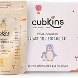 CUBKINS Breast Milk Storage Bags (Pack of 25) | Pre-Sterilized | Smart Temp Sensor | BPA Free | Single Use | Leak Proof Double Zip | Separate Fill & Pour Spouts | 250 ml Capacity | Marker Included-25