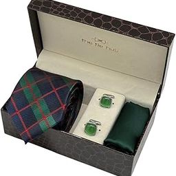 Navy Blue & Green Check Necktie with Light Green Cufflinks & Dark Green Pocket Square Combo For Men-image-95