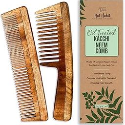 Nat Habit - Kacchi Neem Wooden Comb - Soaked In 17 Herbs Neem & Sesame Oil For Multi-Actions - Detangling, Frizz Control & Shine (Dual Tooth & Wide Tooth) Combo Pack of 2-1