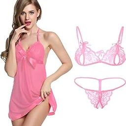 Women's Baby Doll Nightwear Lace Bra Panty Lingerie Set Combo Pack,Free Size-image-40