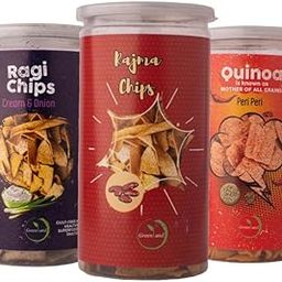 GREENLAND Protein Chips (Pack of 3, 135g Each) Healthy Snacks | Gluten Free | Rich in Protein | Zero Trans Fat | Flavor: Peri Peri Quinoa, Cream & Onion Ragi, Rajma-image-94