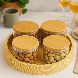THE ELMAS STORE 4 Pcs Borosilicate Glass Round Airtight Jar Set with Pinewood Tray | 450ml Jars for Dry Fruits, Snacks | Elegant Serving & Gifting Set for Kitchen & Dining-image-10