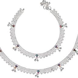 Indian Traditional Ethnic Fancy Foot Jewellery Silver Plated Oxidised Ghungroo Painjan Payal Leg Chain Anklets Pair for Women & Girls (Silver)-21