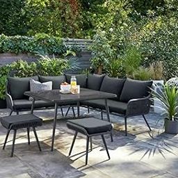 Patio Street Outdoor All Weather 5 Piece Rope L-Shape Dining Sofa Conversation Set with Table & Ottomans for Garden, Pool, Terrace, Backyard (Black)-image-93
