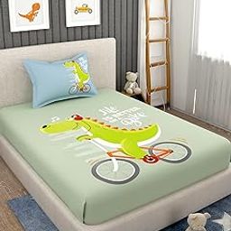 bedsheet for Kids Single Cartoon Bed Sheets for Kids Made with Pure Cotton (Size 60X90 Inches) 1 Bedsheet + 1 Pillow Cover (Green-DinosaurPrint, Single, Kids)-image-12