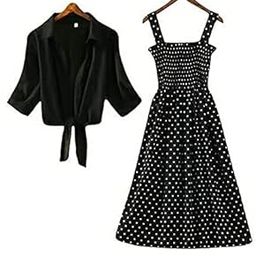 Parth Enterprises Senora Women Stylish and Trendy Polka Smoking Dress with Blue Floral Shrug-image-1