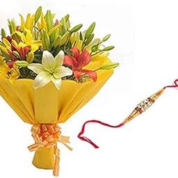 Floral Fantasy® Original Real Fresh Flower Bouquet For Rakhi Gift (Bunch Of 8 Mix Lilies with one Rakhi)-image-36