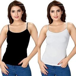ok interprice Women's Cotton Sleeveless Camisole Slip Spaghetti - Pack of 2 (Free Size, White & Black)-image-22