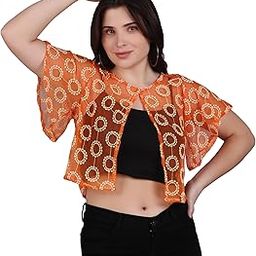 Women Self Design Cotton Lace Round Neck Flared Sleeve Shrug | Front Open, Button Closure | Orange Colour | Small-7
