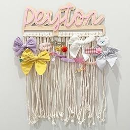 Haoser Personalized Wooden Macrame Bow Holder – Baby Girl Hair Bow Organizer – Boho Nursery Wall Decor – Name Customizable – 14 x 5.2 Inch-image-7