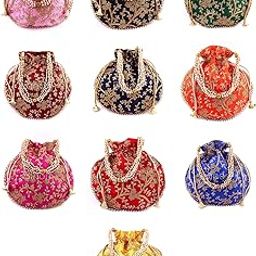 FASHIONS Rajasthani Style Royal Clutch Silk Batwa Bag Combo Khajoor Wristlets Ethnic Potli For Women's Zari Work Bridal Combo-15