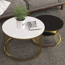 Al Hama Coffee Table Contemporary Coffee Table Balcony Coffee Table Set of 2 Combination Coffee and Side Table Small Coffee Table with Rock Board (Gold & White & Black)-image-30