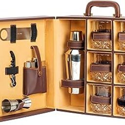 Abrazo Faux Leatherette Portable Bar Set | Portable Bar Set | Leatherette Bar Tool Set | Brown 6 Glass |Cocktail Shaker-11