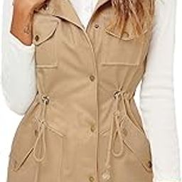 Womens Utility Vest Drawstring Waist Military Sleeveless Jacket Khaki-image-54