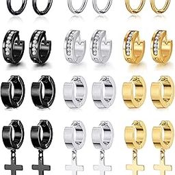 12 Pairs Stainless Steel Small Hoop Earrings Set Huggie Earrings CZ Inlaid Dangle Hinged Earrings Stud Earrings for Mens Women Silver Black Gold Tone, Silver-image-50